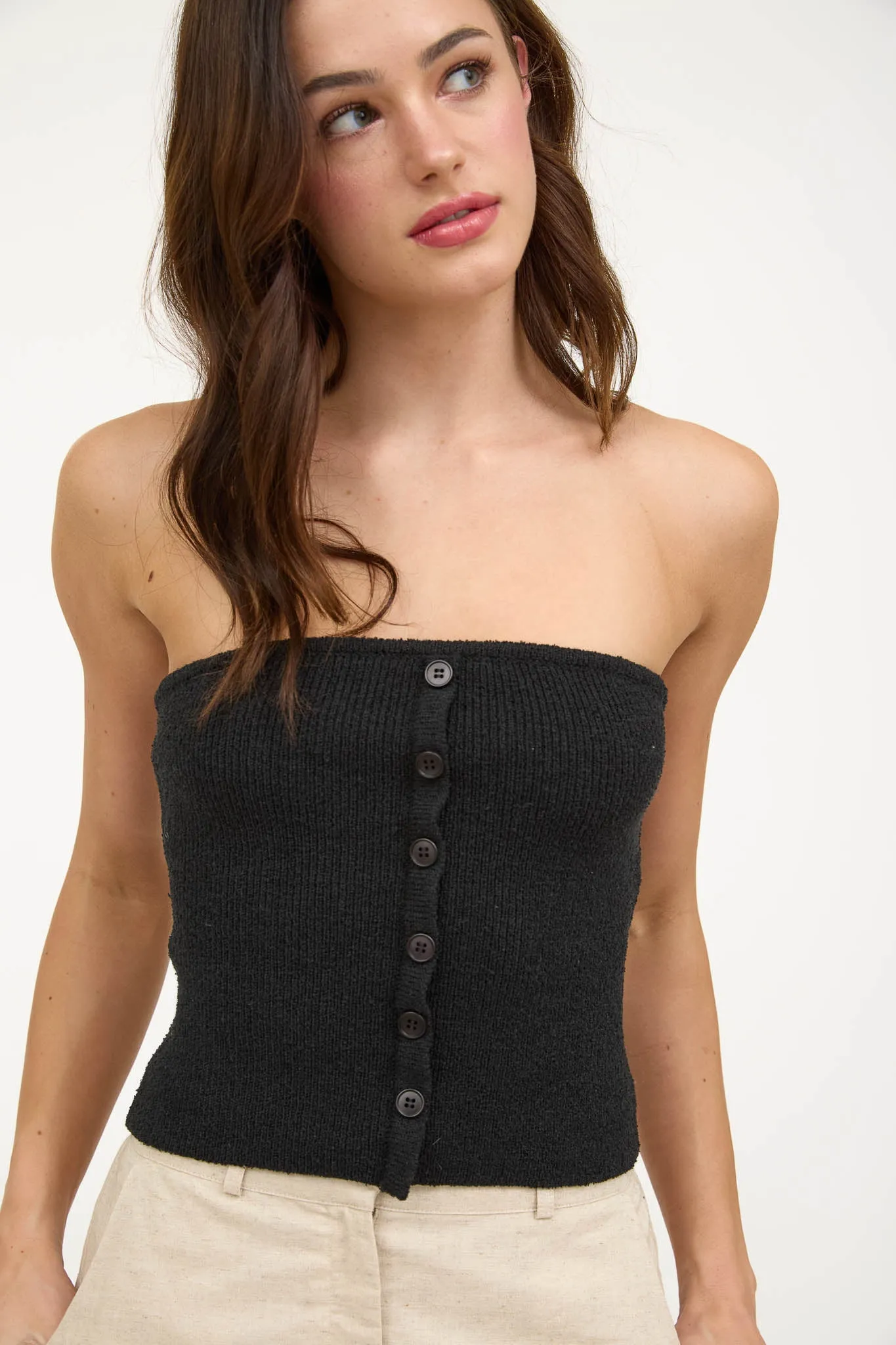 STRAPLESS BUTTON DOWN SWEATER KNIT TOP