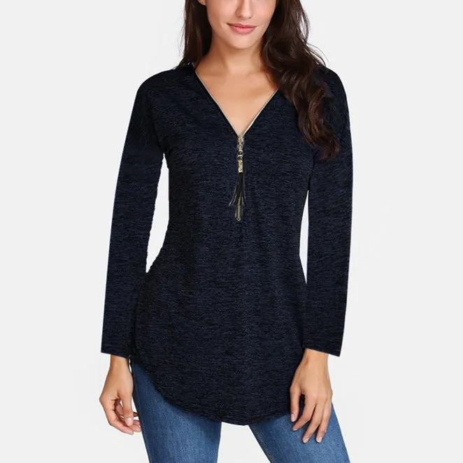 Tassel Zipper Solid Color V- neck Long Sleeve T-shirts