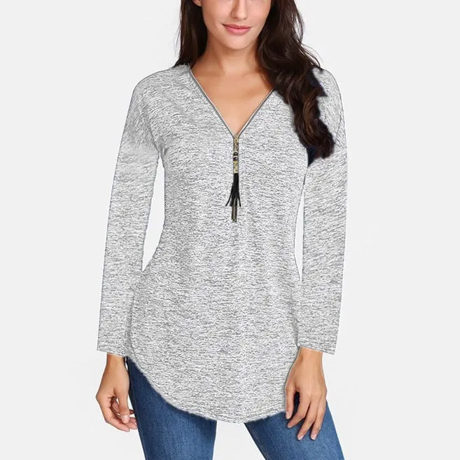 Tassel Zipper Solid Color V- neck Long Sleeve T-shirts