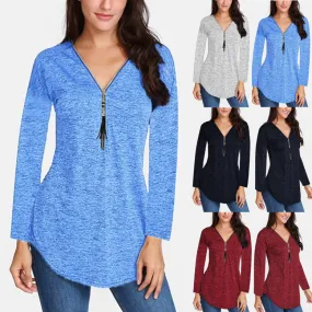 Tassel Zipper Solid Color V- neck Long Sleeve T-shirts