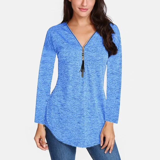 Tassel Zipper Solid Color V- neck Long Sleeve T-shirts