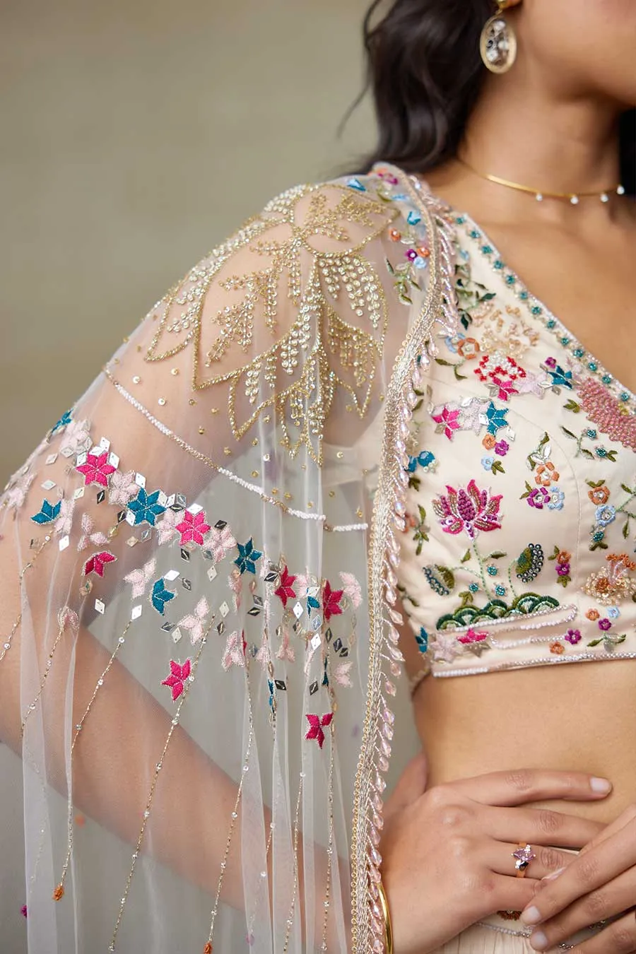 Toosh Stary Embroidered Blouse, Skirt & Cape Set
