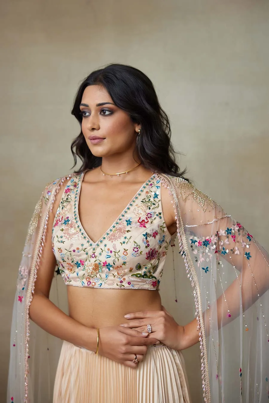 Toosh Stary Embroidered Blouse, Skirt & Cape Set