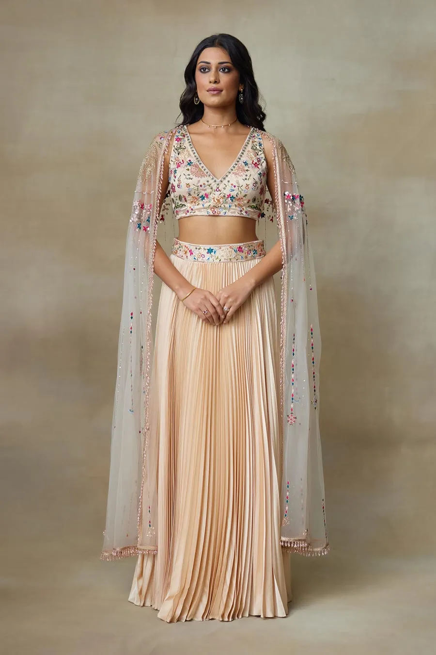 Toosh Stary Embroidered Blouse, Skirt & Cape Set