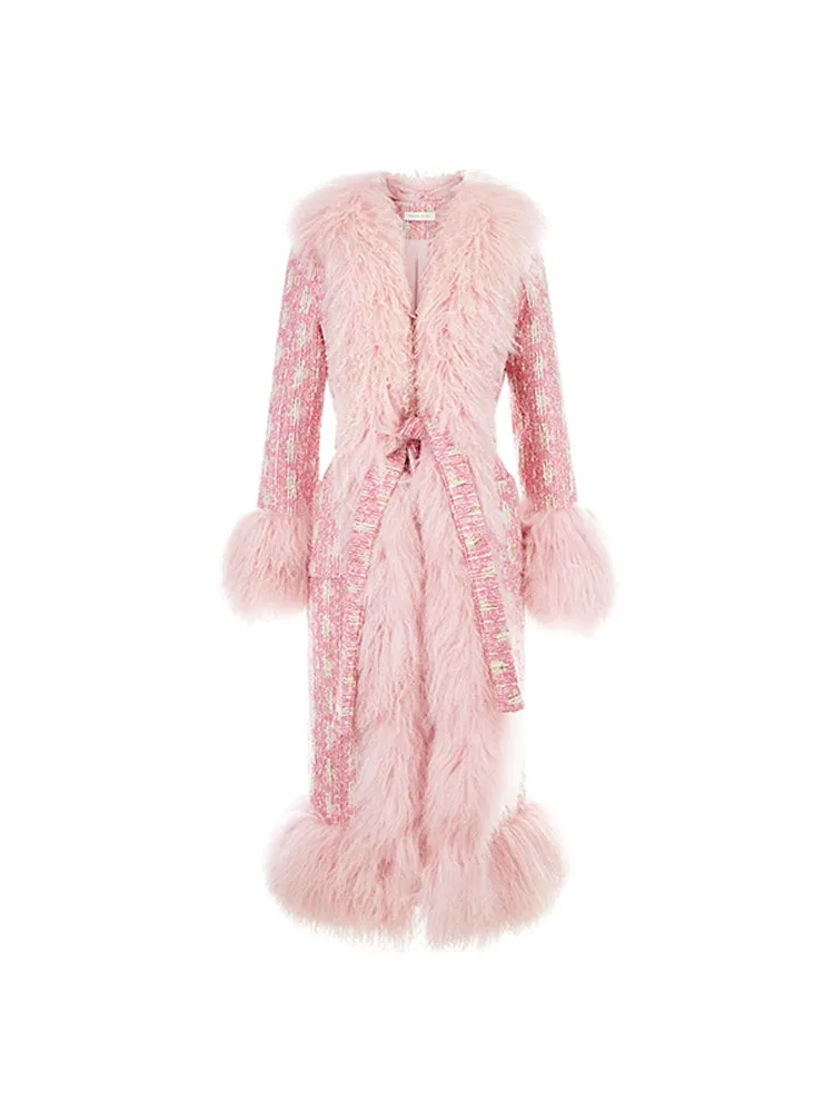 Wardrobes By Chen Luxury pink Long Sleeve Tie Fur Autumn winter Coat - Luisa