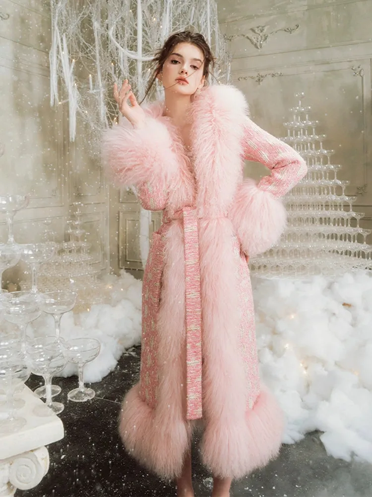 Wardrobes By Chen Luxury pink Long Sleeve Tie Fur Autumn winter Coat - Luisa