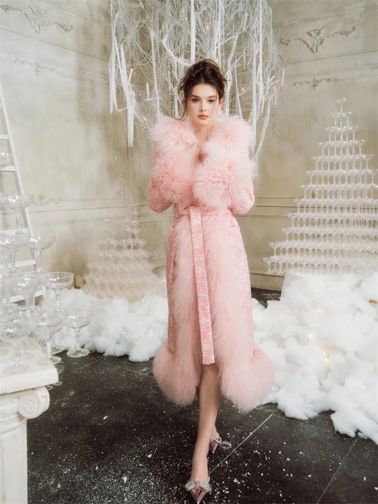 Wardrobes By Chen Luxury pink Long Sleeve Tie Fur Autumn winter Coat - Luisa