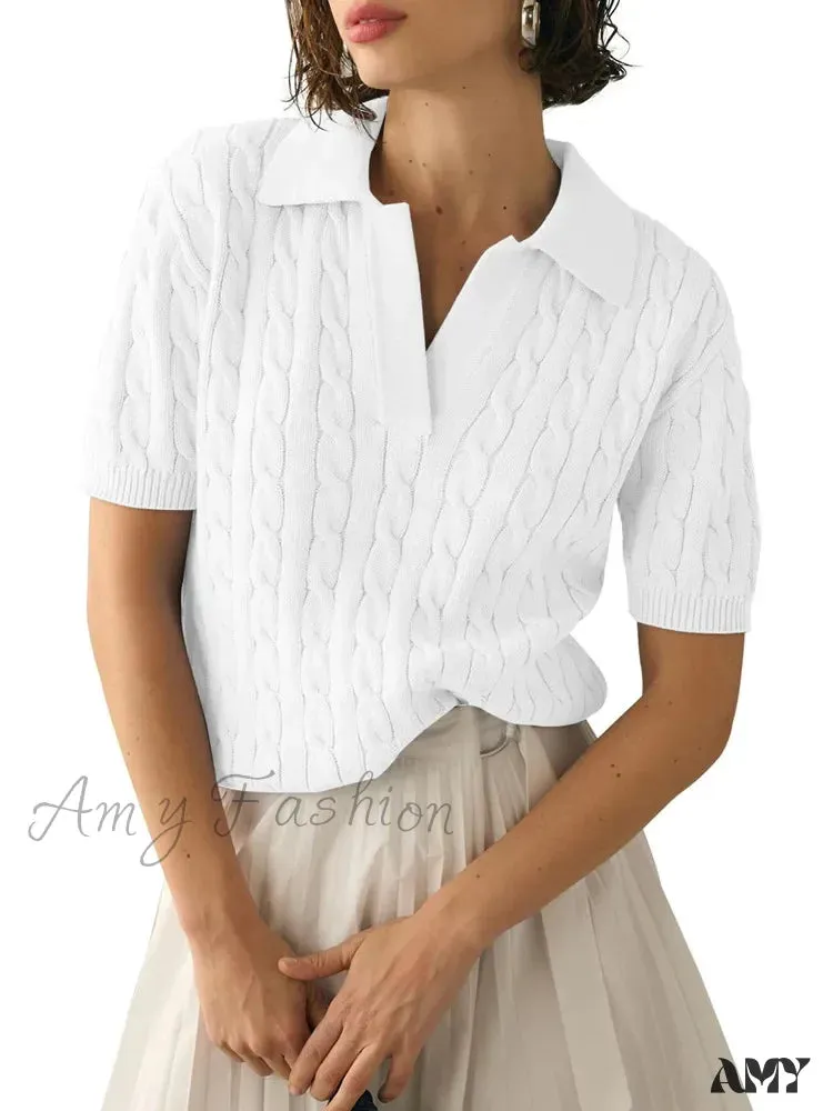 White Cable Knit Short Sleeve Pullover Spring Summer Fashion Sweater