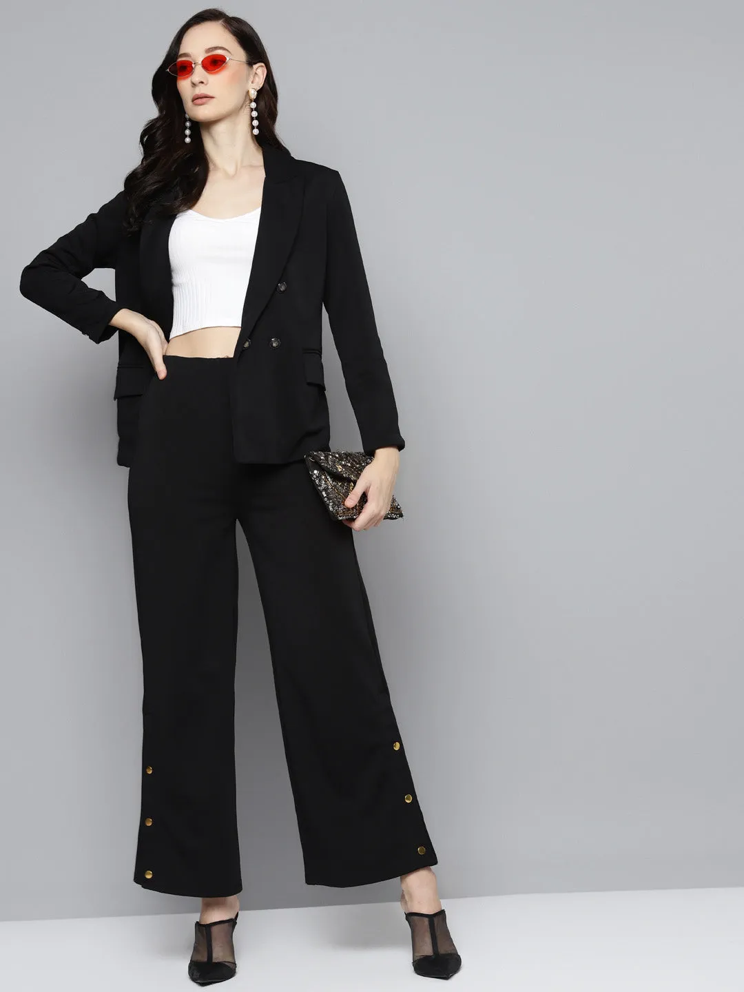 Women Black Scuba Side Button Flared