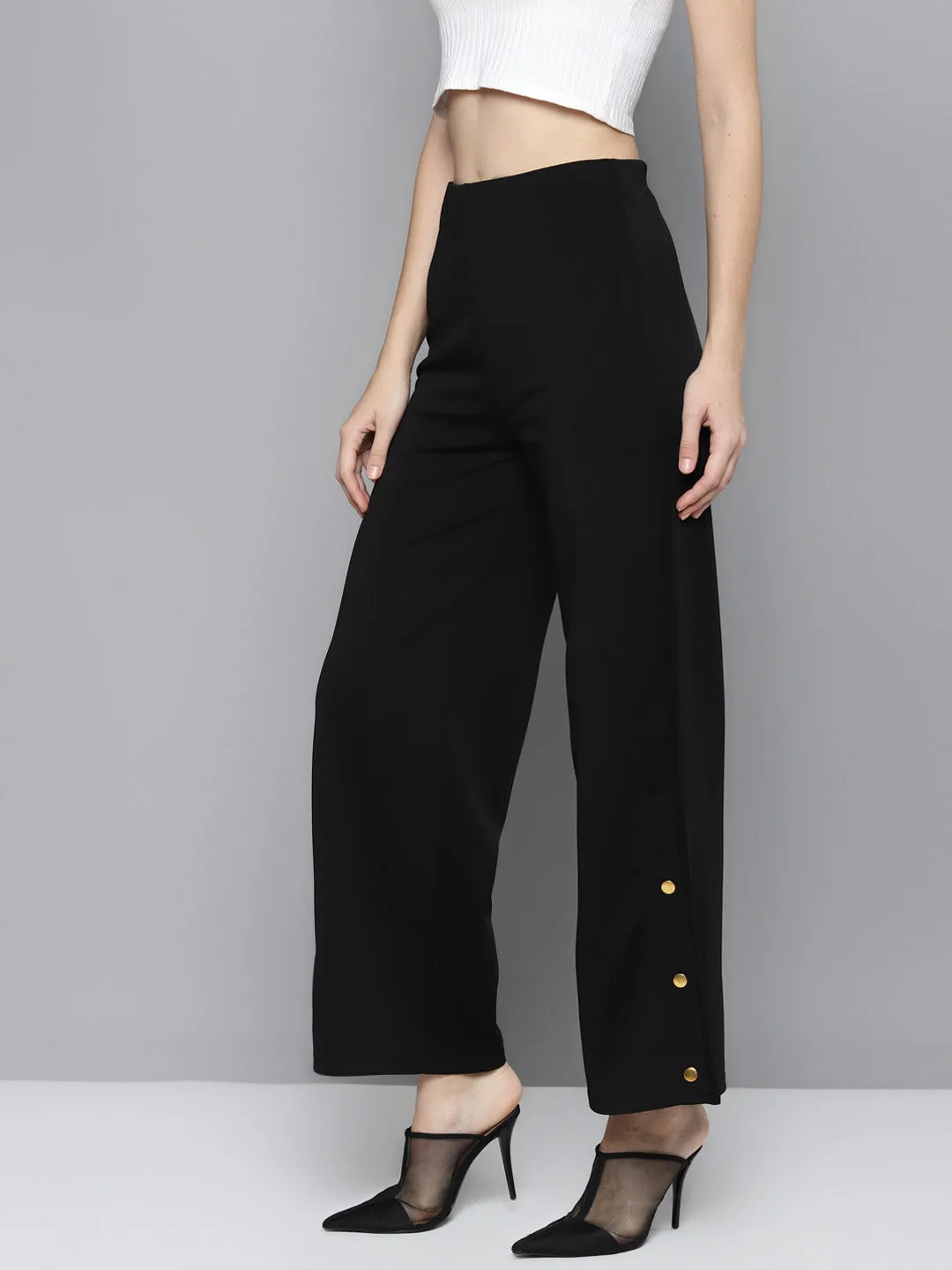 Women Black Scuba Side Button Flared