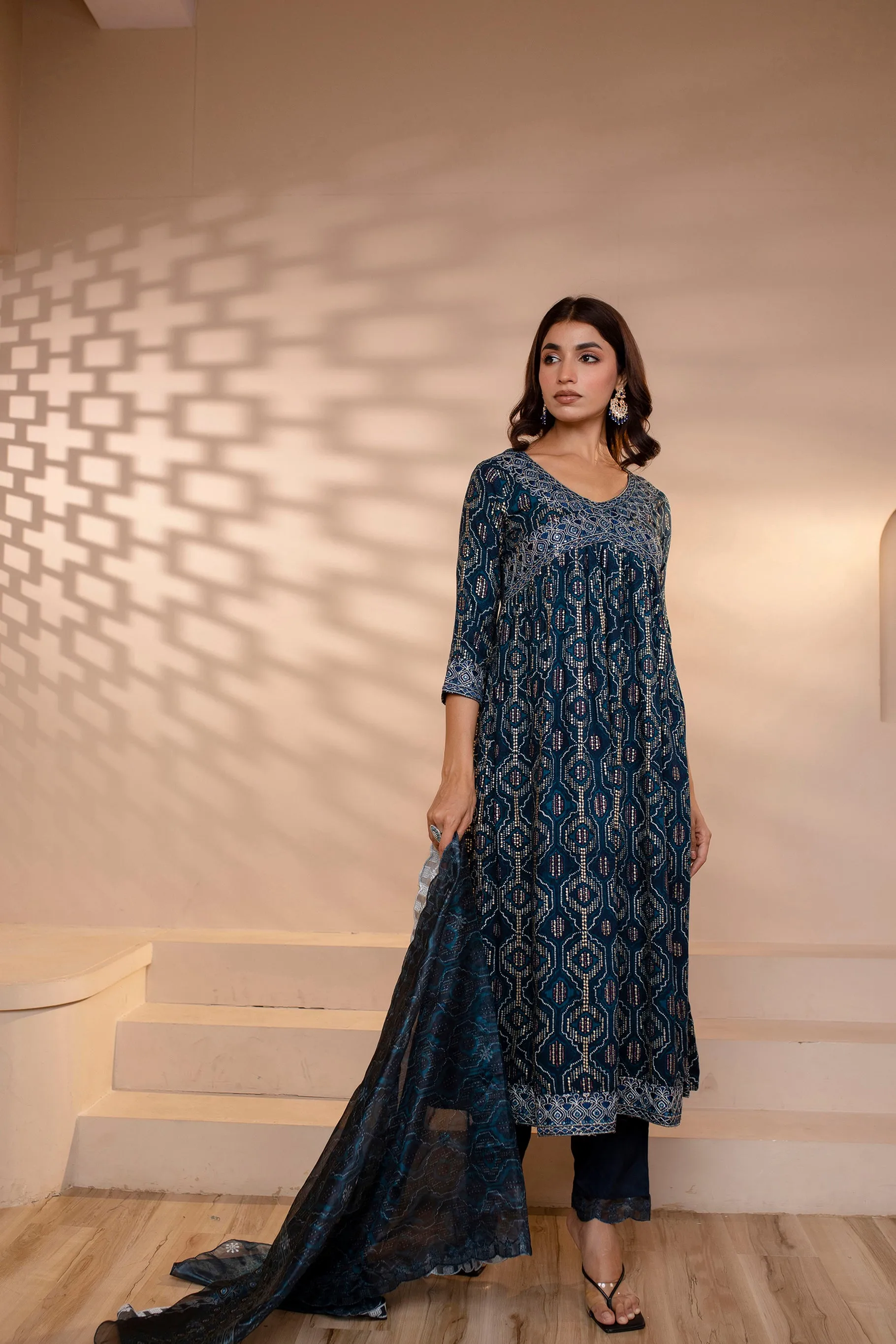 Womens Rayon Navy Blue Alia Cut A-Line Kurta Pant and Dupatta With Fancy Potli Set