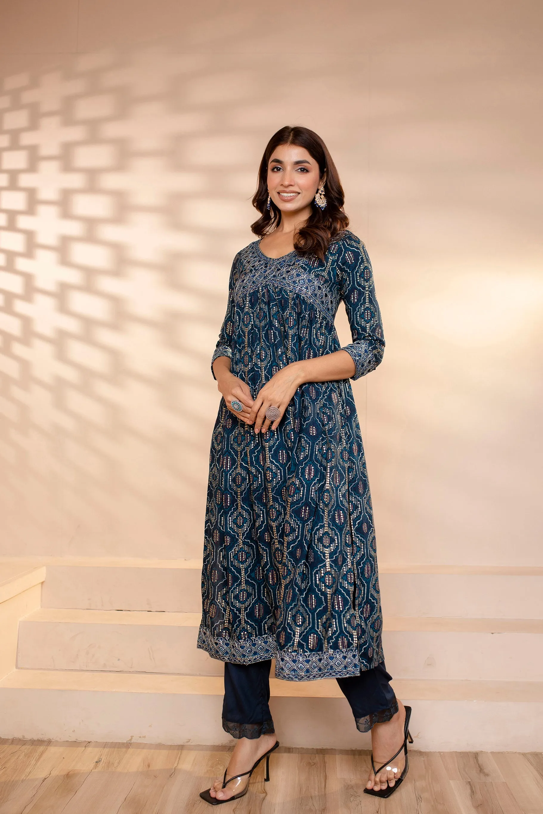 Womens Rayon Navy Blue Alia Cut A-Line Kurta Pant and Dupatta With Fancy Potli Set