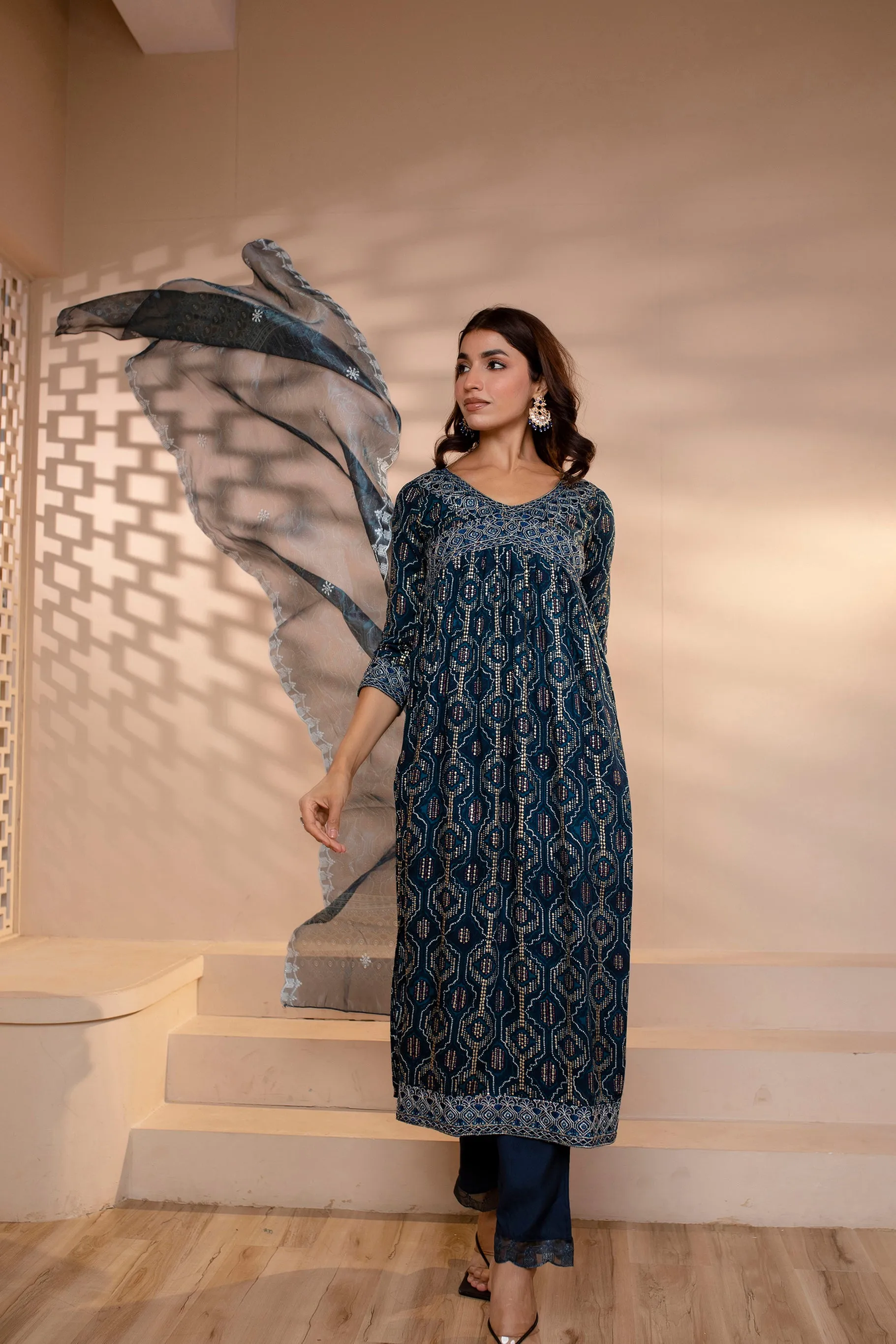 Womens Rayon Navy Blue Alia Cut A-Line Kurta Pant and Dupatta With Fancy Potli Set