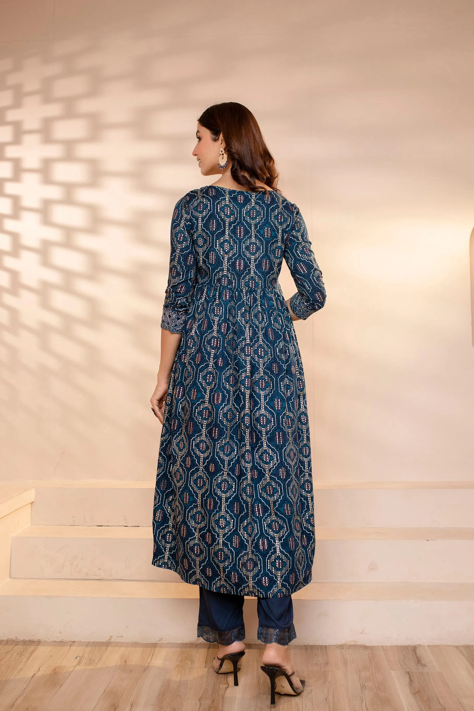 Womens Rayon Navy Blue Alia Cut A-Line Kurta Pant and Dupatta With Fancy Potli Set