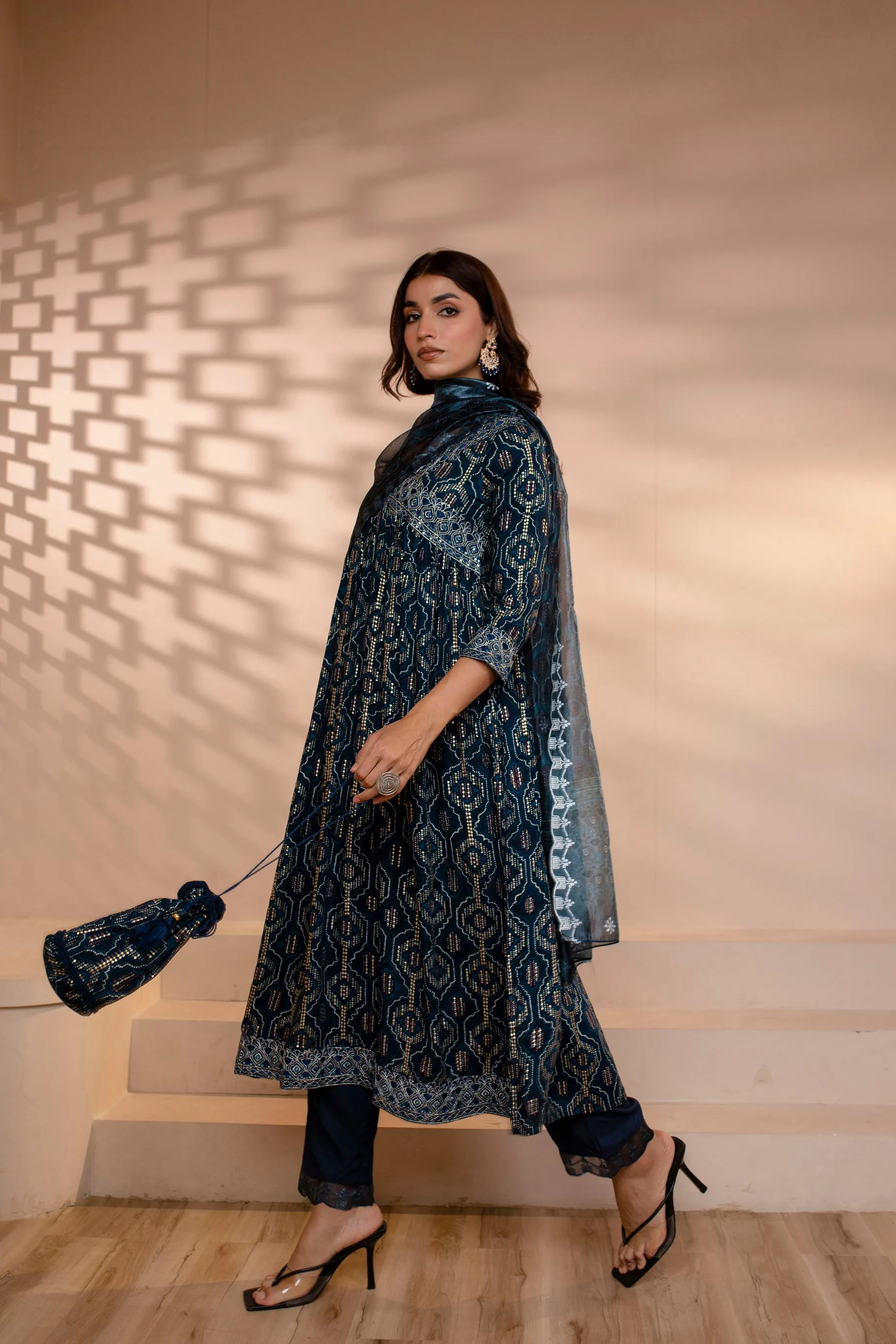 Womens Rayon Navy Blue Alia Cut A-Line Kurta Pant and Dupatta With Fancy Potli Set