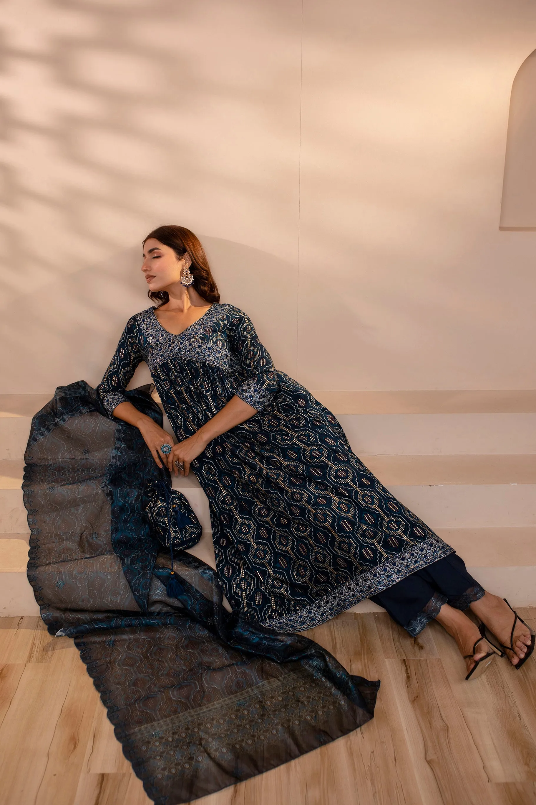 Womens Rayon Navy Blue Alia Cut A-Line Kurta Pant and Dupatta With Fancy Potli Set