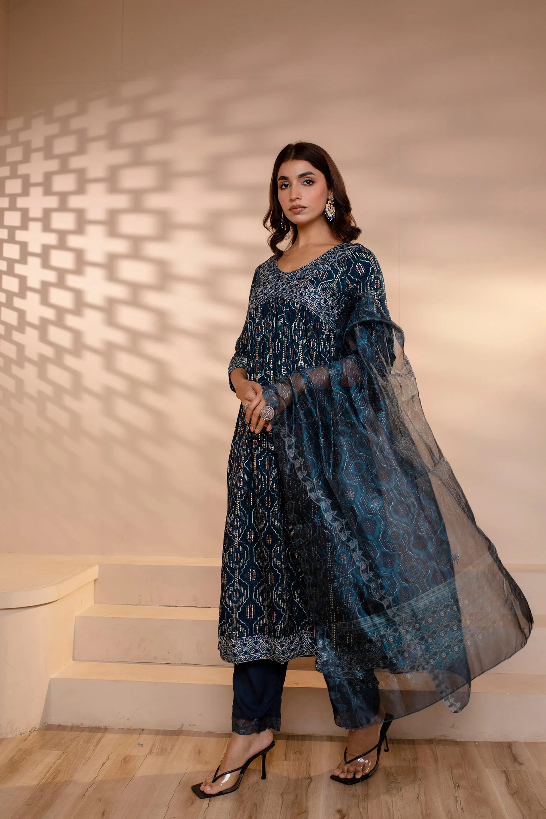 Womens Rayon Navy Blue Alia Cut A-Line Kurta Pant and Dupatta With Fancy Potli Set