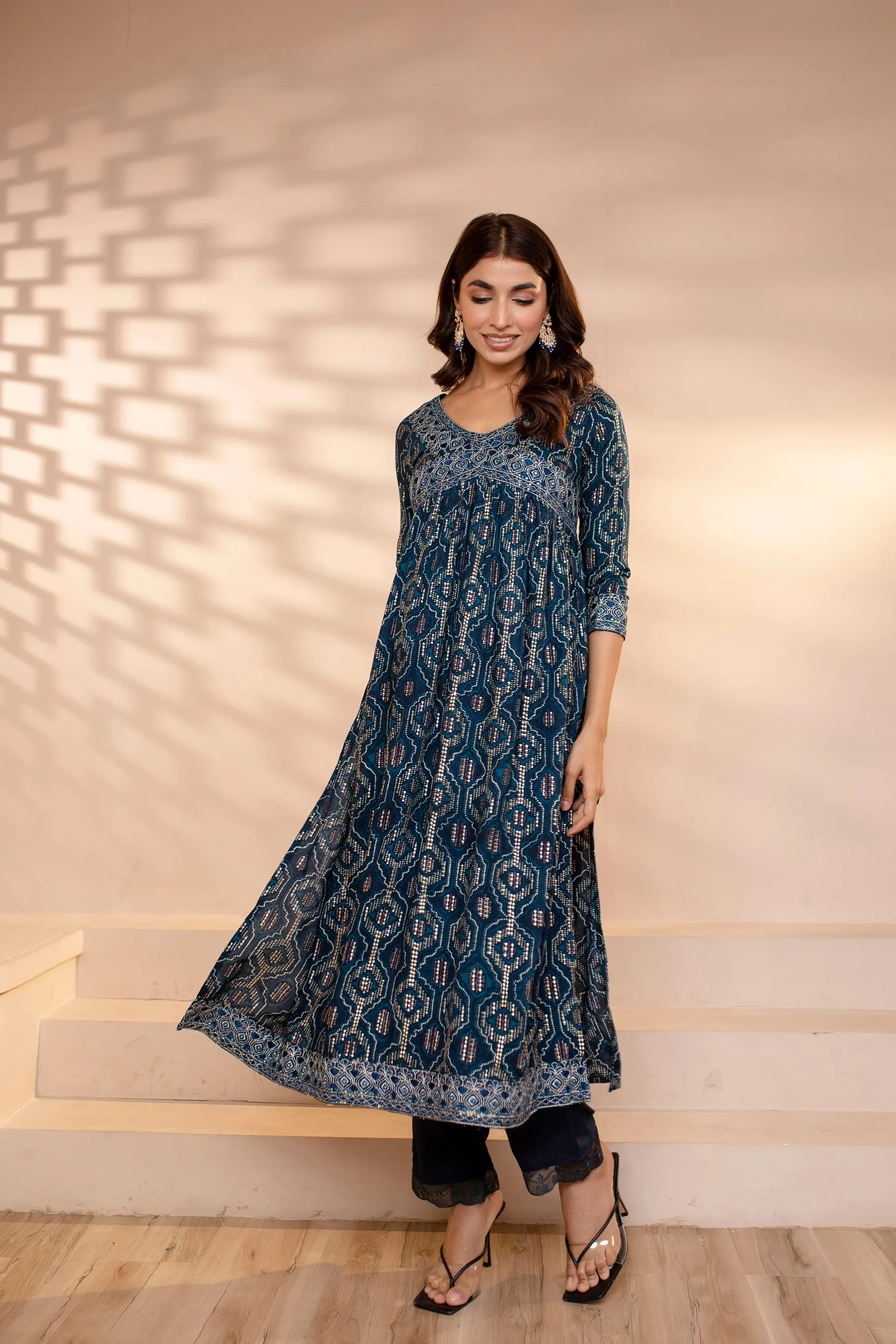 Womens Rayon Navy Blue Alia Cut A-Line Kurta Pant and Dupatta With Fancy Potli Set