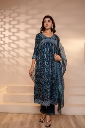 Womens Rayon Navy Blue Alia Cut A-Line Kurta Pant and Dupatta With Fancy Potli Set