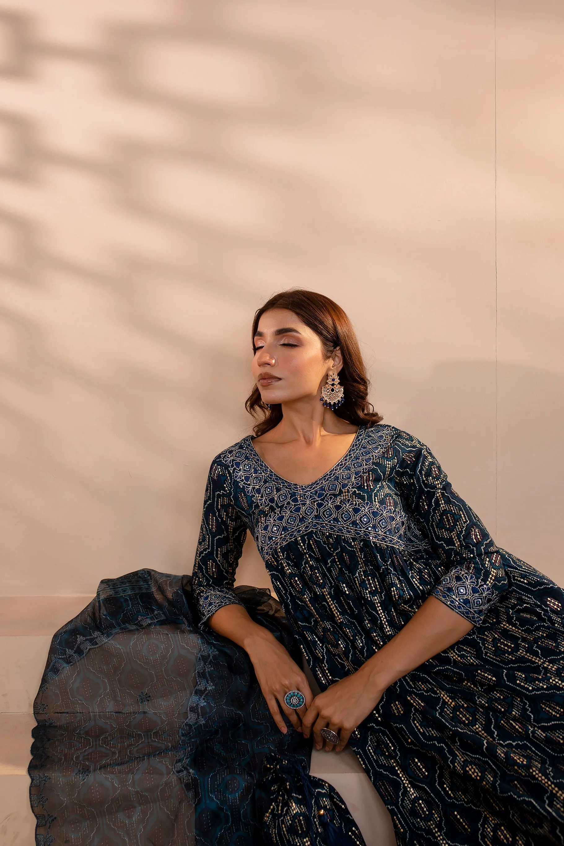 Womens Rayon Navy Blue Alia Cut A-Line Kurta Pant and Dupatta With Fancy Potli Set