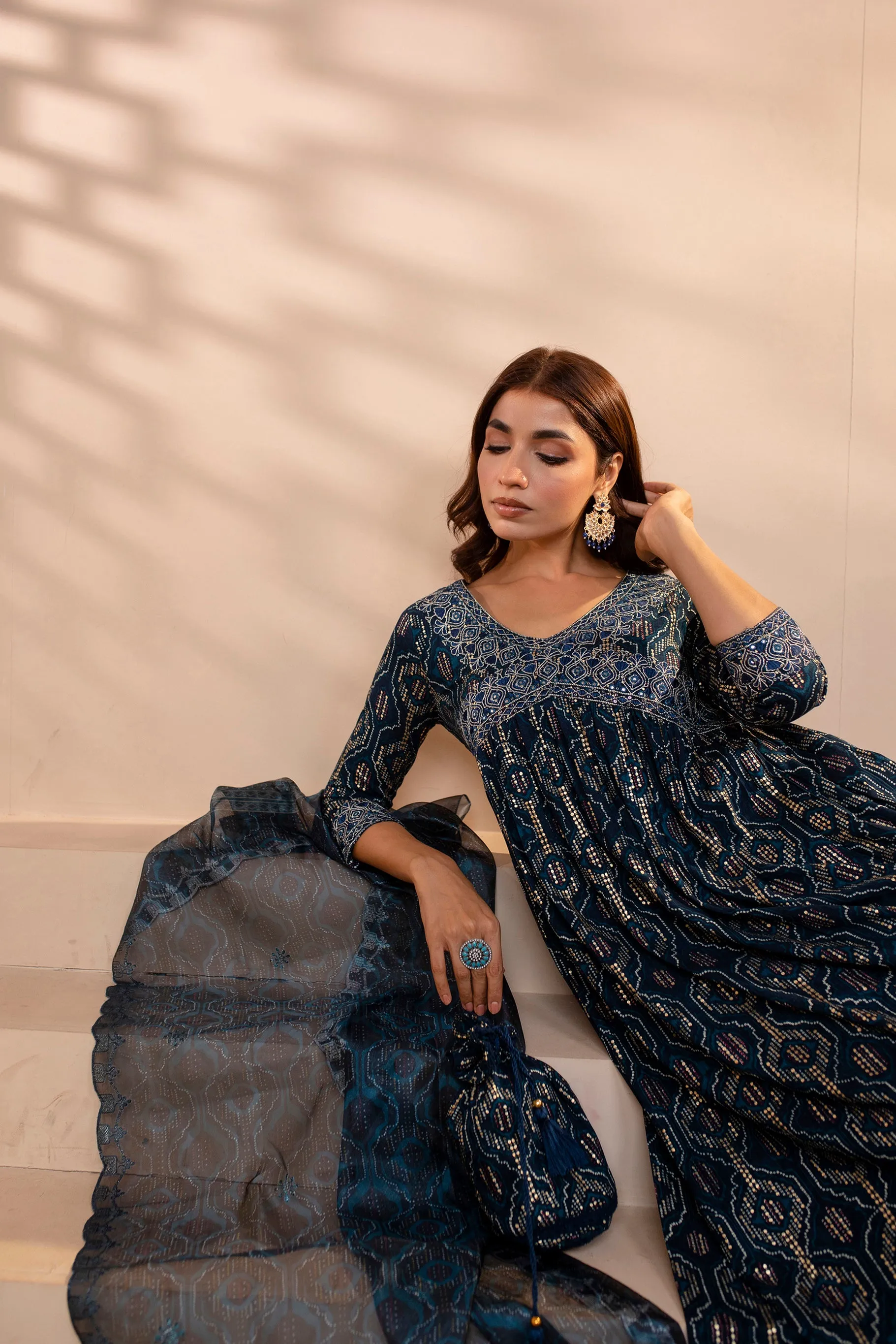 Womens Rayon Navy Blue Alia Cut A-Line Kurta Pant and Dupatta With Fancy Potli Set